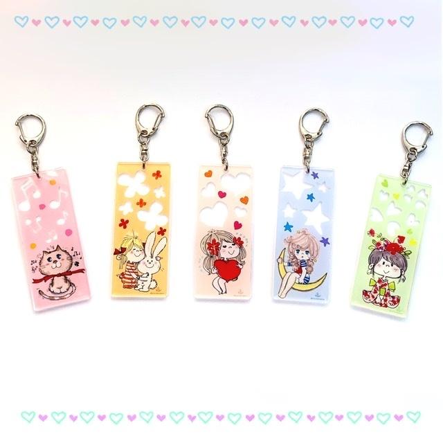 【水森亜土】アクリルキーホルダー<全5種類>「ムーン/女の子/うさぎ/ねこ/着物/ハート」透明/数量限定/あどちゃん/ギフト/プレゼント