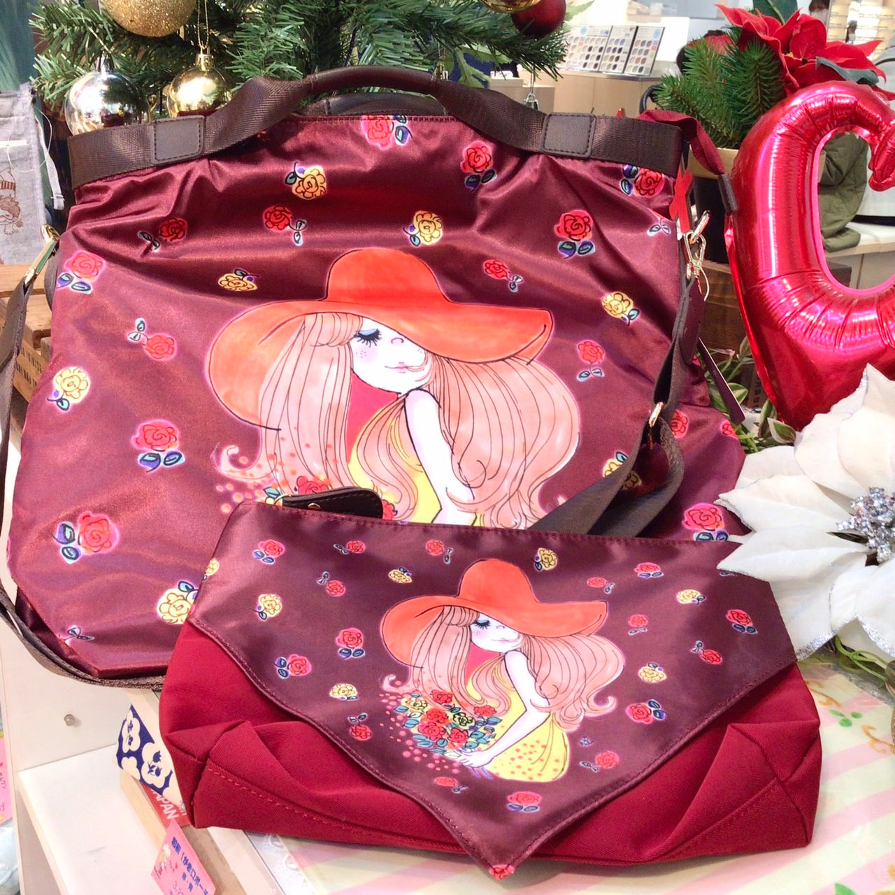 【水森亜土】アディーフスカーフ親子バック（ネイビー/ベージュ/ワインレッド/ブラック)〈SAC × 水森亜土コラボ商品〉/プレゼント/ギフト/カバン