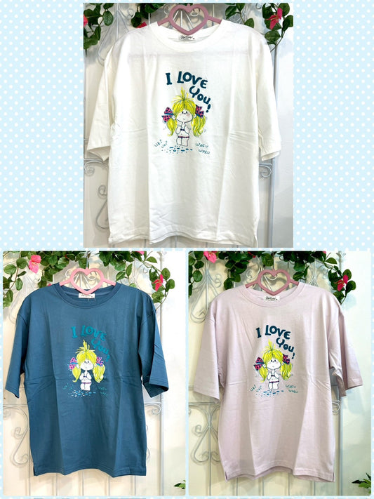 【水森亜土】レディースチェーン刺繍BIGシルエットTシャツ