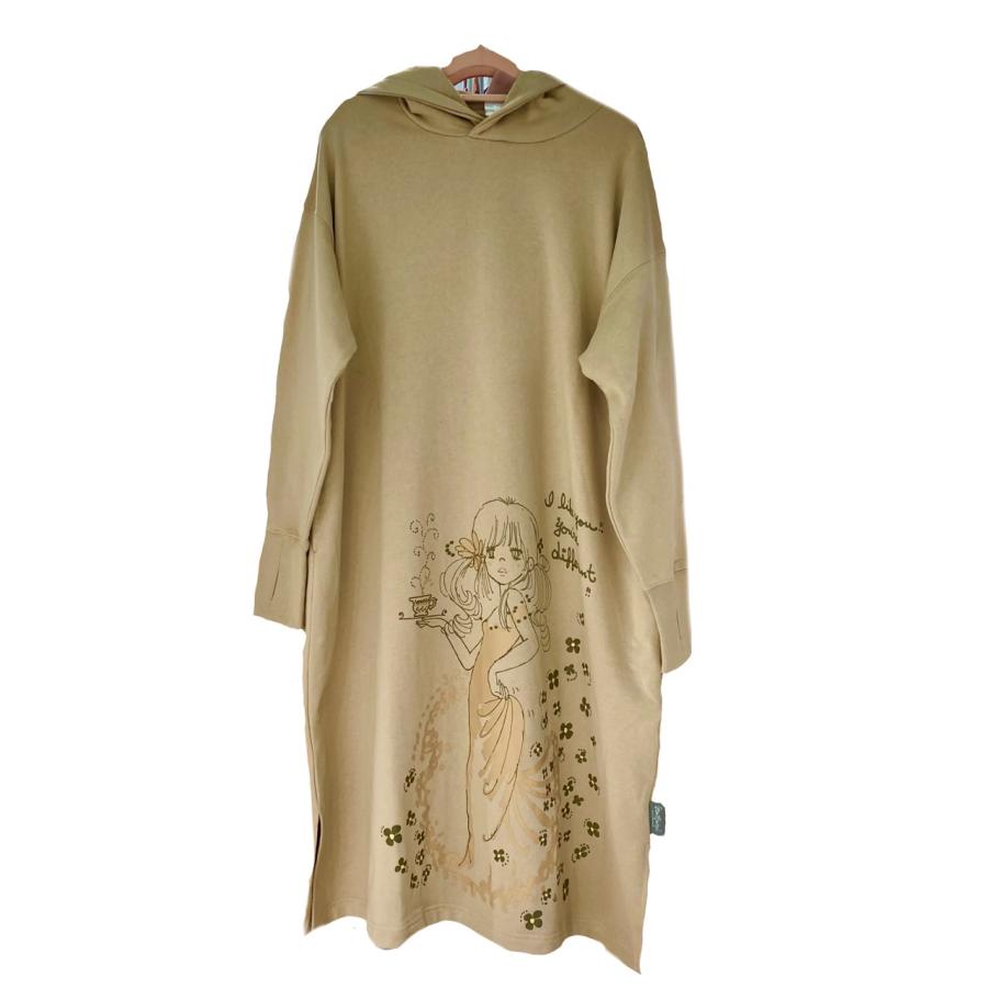 【水森亜土】リラックスパーカーワンピース「ティー」レディース(サンドベージュ・ダスティピンク）ー「ムーン」レディース（オートミール/アシッドブル）部屋着/ゆったり/あどちゃん/グッズ/ギフト/プレゼント