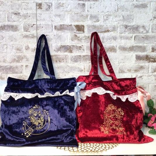 【水森亜土】レース＆ベロア巾着トートバッグ『ネイビー』『ワインレッド』亜土ちゃん/キャラクター/グッズ/ギフト/プレゼント