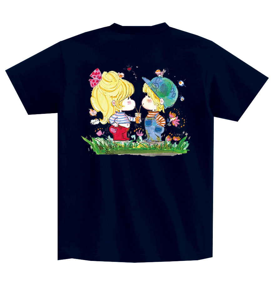 【水森亜土】アートサロン和錆オリジナル バックプリント半袖Tシャツ『カップル』ネイビー